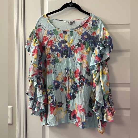 Zac & Rachel Woman floral ruffle top scoop neck blue plus - Picture 6 of 6